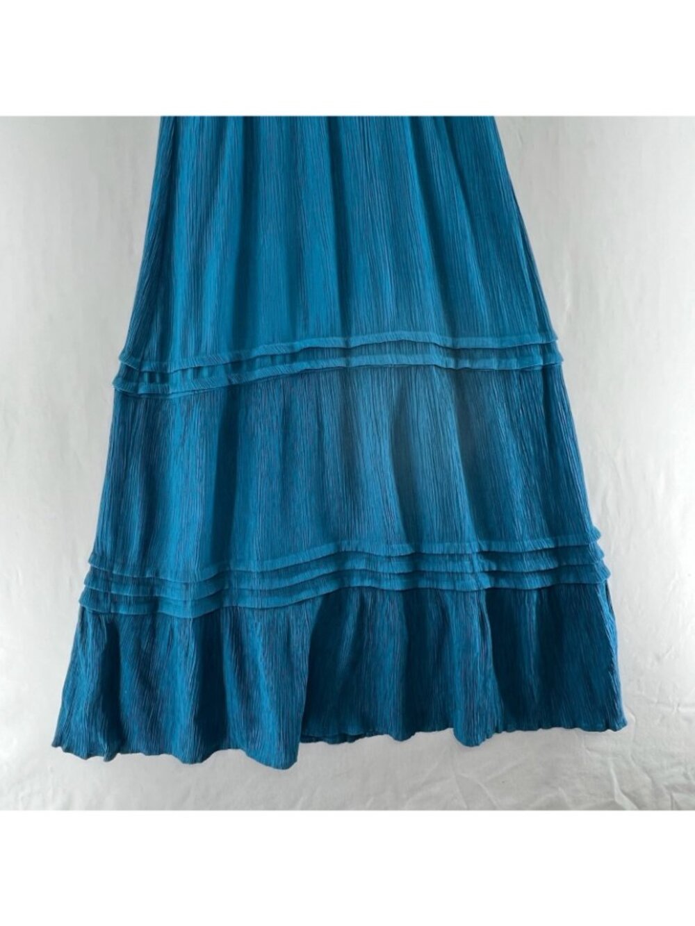 Max + Ash Crinkle Gauze Tiered Maxi Dress Womens S Smocked Puff Sleeve Teal Blue - Picture 9 of 14